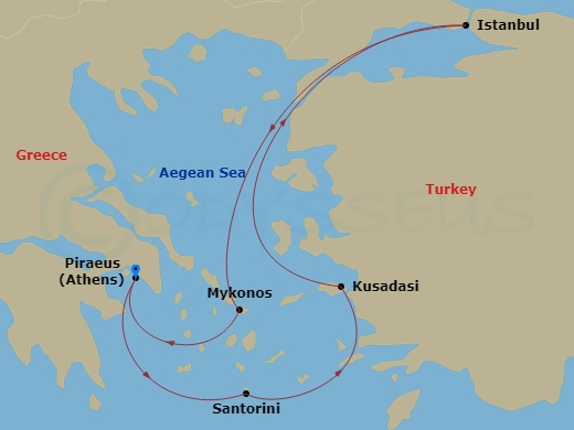 7 Night - Best of Greece & Turkey Cruise - Rhapsody of the Seas - Starting in Athens (Piraeus), Greece, Santorini, Greece, Ephesus (Kusadasi), Turkey, Istanbul, Turkey, Mykonos, Greece, Athens (Piraeus), Greece itinerary map