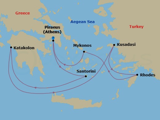 7 Night - Best of the Greek Isles Cruise - Rhapsody of the Seas - Starting in Athens (Piraeus), Greece, Santorini, Greece, Olympia (Katakolon), Greece, Ephesus (Kusadasi), Turkey, Rhodes, Greece, Mykonos, Greece, Athens (Piraeus), Greece itinerary map