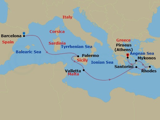 8 Night - Greek Isles, Italy & Malta - Rhapsody of the Seas - Starting in Barcelona, Spain, Sicily (Palermo), Italy, Valletta, Malta, Santorini, Greece, Rhodes, Greece, Mykonos, Greece, Athens (Piraeus), Greece itinerary map