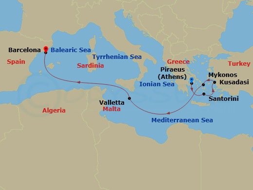 7 Night - Greek Isles & Malta Cruise - Mariner of the Seas - Starting in Athens (Piraeus), Greece, Santorini, Greece, Ephesus (Kusadasi), Turkey, Mykonos, Greece, Valletta, Malta, Barcelona, Spain itinerary map