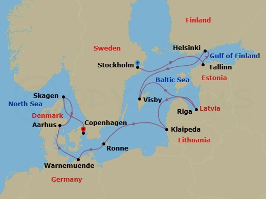 11 Night - Best of Scandinavia Cruise - Jewel of the Seas - Starting in Stockholm, Sweden, Tallinn, Estonia, Helsinki, Finland, Visby, Sweden, Riga, Latvia, Klaipeda, Lithuania, Ronne, Bornholm, Denmark, Berlin (Warnemunde), Germany, Aarhus, Denmark, Skagen, Denmark, Copenhagen, Denmark itinerary map