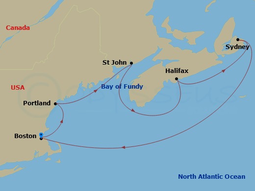 7 Night - Canada Cruise - Jewel of the Seas - Starting in Boston, Massachusetts, Portland ME, Saint John NB (Bay of Fundy), Halifax, Nova Scotia, Sydney NS, Nova Scotia, Boston, Massachusetts itinerary map