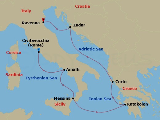 7 Night - Italy, Greece & Croatia Cruise - Explorer of the Seas - Starting in Rome (Civitavecchia), Italy, Amalfi Coast (Salerno), Italy, Sicily (Messina), Italy, Olympia (Katakolon), Greece, Corfu, Greece, Zadar, Croatia, Ravenna, Italy itinerary map