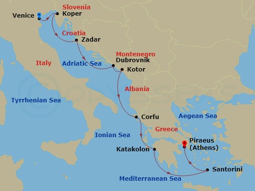 9 Night - Empires of the Mediterranean - Viking Vesta - Starting in Koper, Zadar, Dubrovnik, Croatia, Kotor, Corfu (Kerkyra), Katakolon (Olympia), Santorini (Thira), Athens (Piraeus) itinerary map