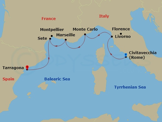 7 Night - Iconic Western Mediterranean - Viking Vesta - Starting in Rome (Civitavecchia), Florence / Pisa (Livorno), Monte Carlo, Marseille, Sete, Barcelona (Tarragona) itinerary map