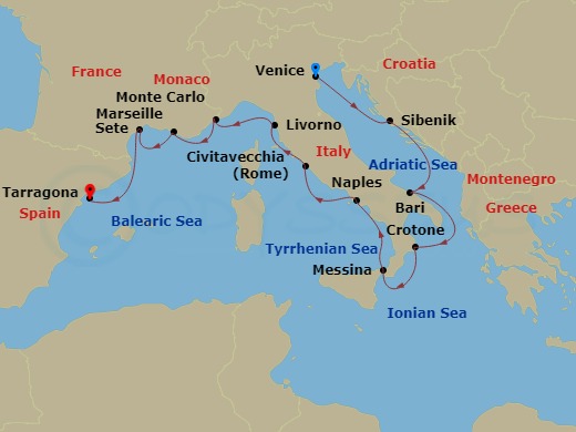 14 Night - Mediterranean & Italian Sojourn - Viking Vesta - Starting in Venice, Sibenik, Bari, Crotone, Sicily (Messina), Naples, Rome (Civitavecchia), Florence / Pisa (Livorno), Monte Carlo, Marseille, Sete, Barcelona (Tarragona) itinerary map