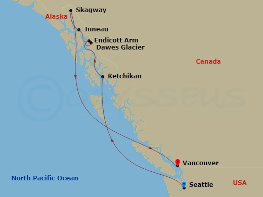 7 Night - Inside Passage (Seattle to Vancouver) - Star Princess - Starting in Seattle, Washington, Ketchikan, Alaska, Endicott Arm and Dawes Glacier (Scenic Cruising), Alaska, Juneau, Alaska, Skagway, Alaska, Vancouver, Canada itinerary map