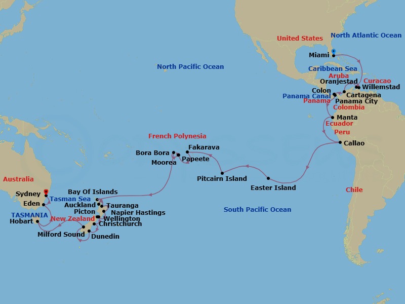 56 Night - Miami to Sydney Grand Voyage - Azamara Onward - Starting in Miami, Florida, Oranjestad, Willemstad AN, Cartagena CO, Colon, Panama Canal (Cruising), Panama City (Fuerte Amador), Manta, Callao (Lima), Easter Island, Pitcairn Island, Fakarava, Moorea, Papeete, Tahiti, Moorea, Papeete, Tahiti, Bora Bora, Bay of Islands, Auckland, Tauranga, Napier, Wellington, Picton, Christchurch, Dunedin, Milford Sound, Hobart, Tasmania, Eden, Sydney AU itinerary map