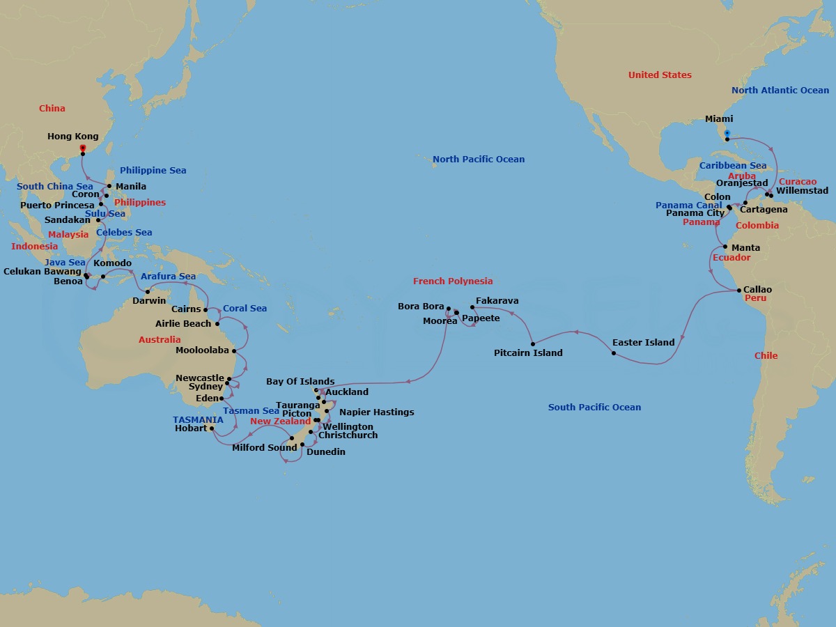 83 Night - Miami to Hong Kong Grand Voyage - Azamara Onward - Starting in Miami, Florida, Oranjestad, Willemstad AN, Cartagena CO, Colon, Panama Canal (Cruising), Panama City (Fuerte Amador), Manta, Callao (Lima), Easter Island, Pitcairn Island, Fakarava, Moorea, Papeete, Tahiti, Moorea, Papeete, Tahiti, Bora Bora, Bay of Islands, Auckland, Tauranga, Napier, Wellington, Picton, Christchurch, Dunedin, Milford Sound, Hobart, Tasmania, Eden, Sydney AU, Newcastle AU, Mooloolaba, Queensland, Airlie Beach, Queensland, Cairns, Darwin, Komodo Island, Benoa, Bali, Celukan, Bawang, Bali, Sandakan, Sabah, Puerto Princesa, Palawan, Coron, Manila, Hong Kong itinerary map