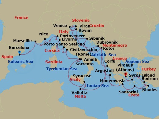 27 Night - Spain, France & Italy Combination Cruise : Barcelona, Nice & Portovenere - Azamara Onward - Starting in Barcelona, Provence (Marseille), Nice, Porto Venere, Florence / Pisa (Livorno), Porto Santo Stefano, Rome (Civitavecchia), Sorrento, Amalfi, Siracusa, Sicily, Valletta, Kotor, Sibenik, Piran, Venice, Rovinj (Istria), Dubrovnik, Croatia, Corfu, Argostoli, Monemvasia, Santorini, Rhodes, Bodrum, Syros, Athens (Piraeus) itinerary map