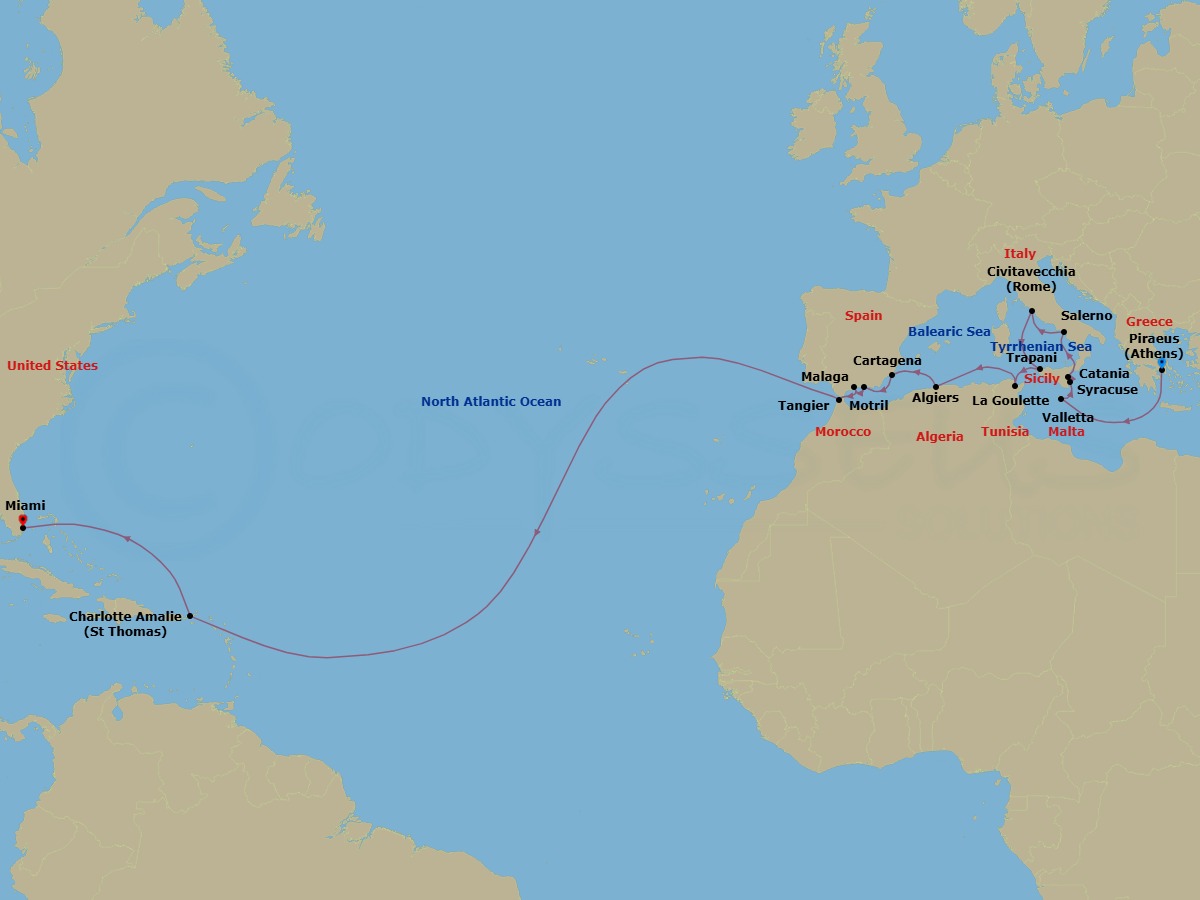 27 Night - Transatlantic Combination Cruise : Athens to Miami - Azamara Onward - Starting in Athens (Piraeus), Valletta, Siracusa, Sicily, Catania, (Sicily), Amalfi Coast (Salerno), Rome (Civitavecchia), Trapani, Sicily, La Goulette, Algiers, Cartagena ES, Granada (Motril), Malaga, Tangier, Charlotte Amalie, St Thomas, Miami, Florida itinerary map