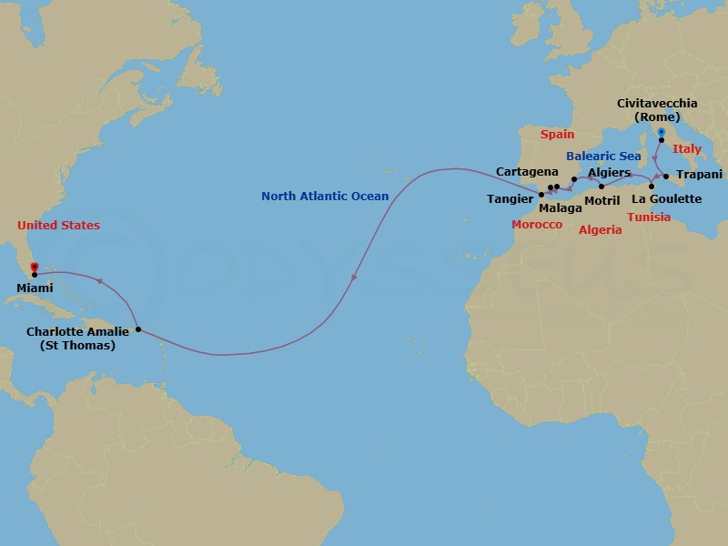 20 Night - Transatlantic Combination Cruise : Rome to Miami - Azamara Onward - Starting in Rome (Civitavecchia), Trapani, Sicily, La Goulette, Algiers, Cartagena ES, Granada (Motril), Malaga, Tangier, Charlotte Amalie, St Thomas, Miami, Florida itinerary map