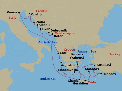 18 Night - Greece & Croatia Combination Cruise : Rhodes, Venice & Dubrovnik - Azamara Onward - Starting in Athens (Piraeus), Ephesus (Kusadasi), Rhodes, Amorgos, Heraklion, (Crete), Monemvasia, Argostoli, Corfu, Venice, Opatija, Zadar, Sibenik, Hvar, Dubrovnik, Croatia, Kotor, Chania, Crete, Athens (Piraeus) itinerary map