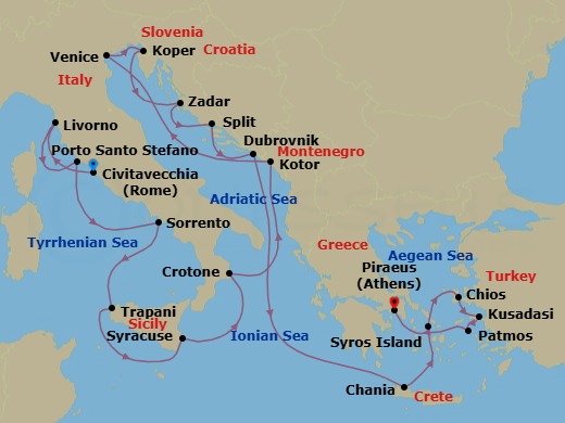 21 Night - Italy, Croatia & Greece Combination Cruise : Florence, Dubrovnik & Crete - Azamara Onward - Starting in Rome (Civitavecchia), Florence / Pisa (Livorno), Porto Santo Stefano, Sorrento, Trapani, Sicily, Siracusa, Sicily, Crotone, Kotor, Venice, Koper, Zadar, Split, Dubrovnik, Croatia, Chania, Crete, Syros, Chios, Ephesus (Kusadasi), Patmos, Athens (Piraeus) itinerary map