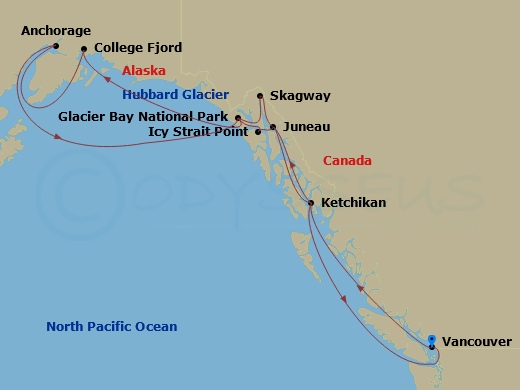 14 Night - Voyage of the Glaciers Grand Adventure - Discovery Princess - Starting in Vancouver, Canada, Ketchikan, Alaska, Juneau, Alaska, Skagway, Alaska, Glacier Bay National Park (Scenic Cruising), Alaska, College Fjord (Scenic Cruising), Alaska, Anchorage (Whittier), Alaska, Hubbard Glacier (Scenic Cruising), Alaska, Glacier Bay National Park (Scenic Cruising), Alaska, Icy Strait Point, Alaska, Juneau, Alaska, Ketchikan, Alaska, Vancouver, Canada itinerary map