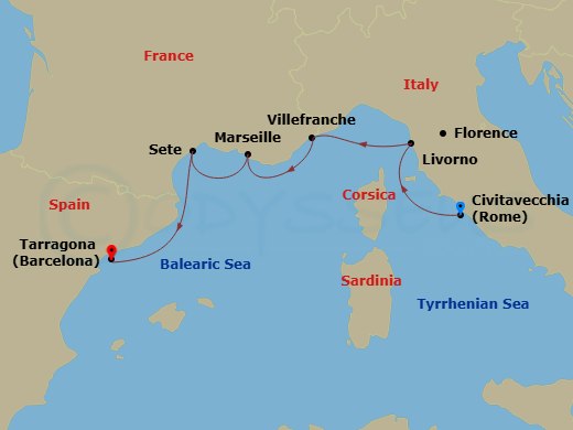 7 Night - Iconic Western Mediterranean - Viking Saturn - Starting in Rome (Civitavecchia), Florence / Pisa (Livorno), Villefranche-Sur-Mer, Marseille, Sete, Barcelona (Tarragona) itinerary map