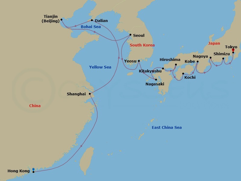 24 Night - China, Korea & Japan Combination Cruise : Beijing, Seoul & Tokyo - Azamara Pursuit - Starting in Hong Kong, Shanghai, Dalian, Beijing (Tianjin), Seoul (Incheon), Yeosu, Nagasaki, Kitakyushu, Hiroshima, Kochi, Kobe, Nagoya, Mount Fuji (Shimizu), Tokyo itinerary map