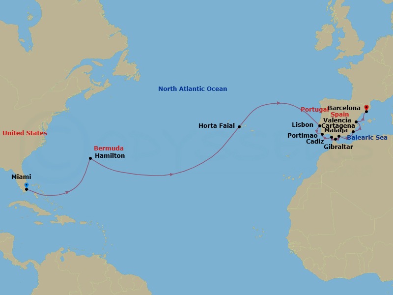 19 Night - Transatlantic Combination Cruise : Miami to Barcelona - Azamara Quest - Starting in Miami, Florida, Hamilton, Horta, Azores, Lisbon, Portimao, Cadiz, Gibraltar, Malaga, Cartagena ES, Valencia, Barcelona itinerary map