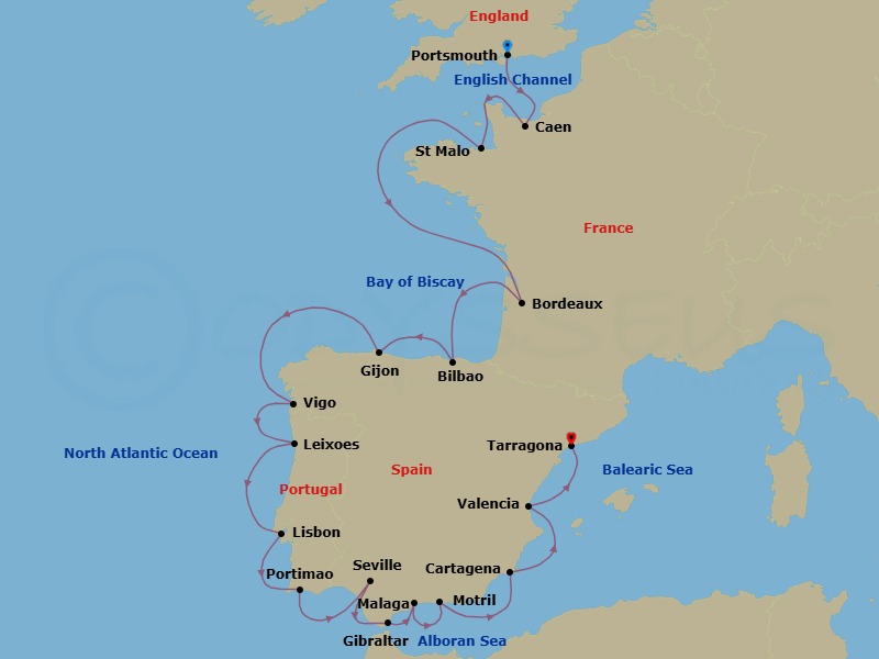 21 Night - France, Portugal & Spain Combination Cruise : Bordeaux, Lisbon & Seville - Azamara Quest - Starting in Portsmouth UK, Caen, Saint-malo, Bordeaux, Bilbao, Gijon, Spain, Vigo, Porto (Leixoes), Lisbon, Portimao, Seville, Gibraltar, Malaga, Granada (Motril), Cartagena ES, Valencia, Barcelona (Tarragona) itinerary map