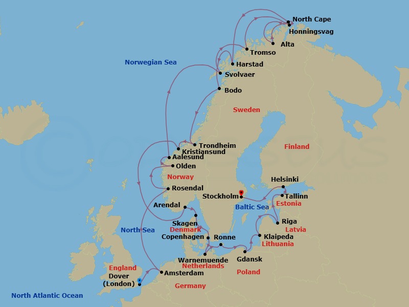 28 Night - Norway & Baltic Combination Cruise : Trondheim, Copenhagen & Stockholm - Azamara Journey - Starting in Dover UK, Amsterdam (Ijmuiden), Rosendal, Olden, Alesund, Svolvaer, Lofoten, Trollfjord (Cruising), Tromso, Honningsvag, North Cape (Cruising), Alta, North Cape (Cruising), Harstad, Bodo, Trondheim, Kristiansund, Arendal, Skagen, Copenhagen, Berlin (Warnemunde), Ronne, Bornholm, Gdansk, Klaipeda, Riga, Tallinn, Helsinki, Stockholm itinerary map