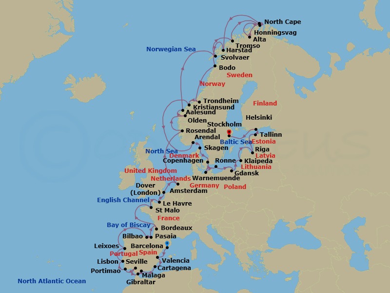 47 Night - Barcelona to Stockholm Grand Voyage - Azamara Journey - Starting in Barcelona, Valencia, Cartagena ES, Malaga, Gibraltar, Seville, Portimao, Lisbon, Porto (Leixoes), Bilbao, Pasajes, San Sebastian, Bordeaux, Saint-malo, Le Havre, Dover UK, Amsterdam (Ijmuiden), Rosendal, Olden, Alesund, Svolvaer, Lofoten, Trollfjord (Cruising), Tromso, Honningsvag, North Cape (Cruising), Alta, North Cape (Cruising), Harstad, Bodo, Trondheim, Kristiansund, Arendal, Skagen, Copenhagen, Berlin (Warnemunde), Ronne, Bornholm, Gdansk, Klaipeda, Riga, Tallinn, Helsinki, Stockholm itinerary map