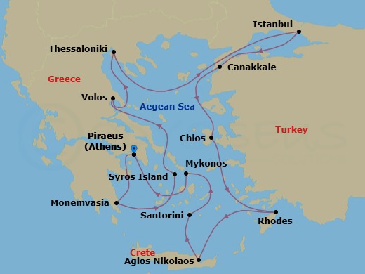 14 Night - Greece Intensive Combination Cruise : Volos, Santorini & Mykonos - Azamara Journey - Starting in Athens (Piraeus), Monemvasia, Syros, Volos, Thessaloniki, Istanbul, Canakkale (Kepez), Chios, Rhodes, Agios Nikolaos, (Crete), Santorini, Mykonos, Athens (Piraeus) itinerary map