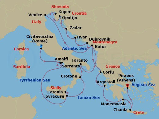 21 Night - Italy, Croatia & Greece Combination Cruise : Sorrento, Dubrovnik & Athens - Azamara Journey - Starting in Rome (Civitavecchia), Sorrento, Amalfi, Catania, (Sicily), Siracusa, Sicily, Crotone, Taranto, Kotor, Venice, Koper, Opatija, Zadar, Hvar, Dubrovnik, Croatia, Kotor, Corfu, Argostoli, Monemvasia, Chania, Crete, Athens (Piraeus) itinerary map