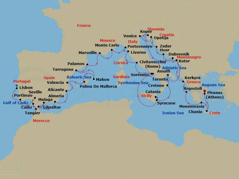 42 Night - Lisbon to Athens Grand Voyage - Azamara Journey - Starting in Lisbon, Portimao, Seville, Cadiz, Tangier, Malaga, Gibraltar, Almeria, Alicante, Valencia, Palma, Majorca, Mahon, Menorca, Barcelona (Tarragona), Palamos, Provence (Marseille), Monte Carlo, Porto Venere, Florence / Pisa (Livorno), Rome (Civitavecchia), Sorrento, Amalfi, Catania, (Sicily), Siracusa, Sicily, Crotone, Taranto, Kotor, Venice, Koper, Opatija, Zadar, Hvar, Dubrovnik, Croatia, Kotor, Corfu, Argostoli, Monemvasia, Chania, Crete, Athens (Piraeus) itinerary map