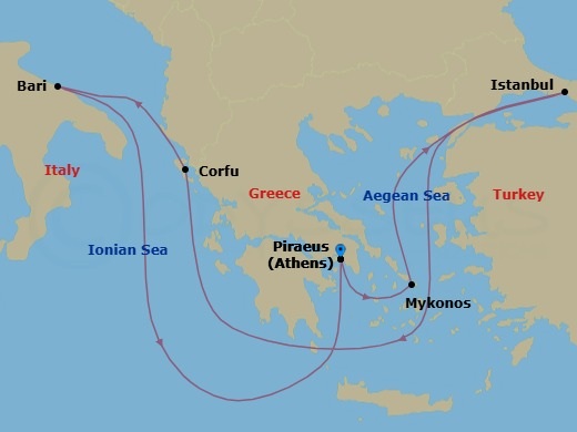 7 Night - Mediterranean - MSC Orchestra - Starting in Piraeus (Athens), Greece, Mykonos, Greece, Istanbul, Turkey, Corfu, Greece, Bari, Italy, Piraeus (Athens), Greece itinerary map