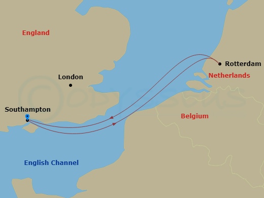 4 Night - Short Break to Rotterdam - Queen Mary 2 - Starting in Southampton, England, UK, Rotterdam, Netherlands, Southampton, England, UK itinerary map