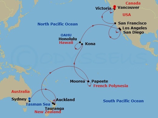 32 Night - Tahiti, Hawaii & South Pacific Crossing - Royal Princess - Starting in Sydney AU, Tauranga, New Zealand, Auckland, New Zealand, Cross International Date Line, Tahiti (Papeete), French Polynesia, Moorea, French Polynesia, Kona, Hawaii, Honolulu, Hawaii, Los Angeles, California, San Diego, California, San Francisco, California, Victoria CA, Vancouver, Canada itinerary map