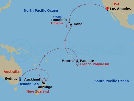 26 Night - Tahiti, Hawaii & South Pacific Crossing - Royal Princess - Starting in Sydney AU, Tauranga, New Zealand, Auckland, New Zealand, Cross International Date Line, Tahiti (Papeete), French Polynesia, Moorea, French Polynesia, Kona, Hawaii, Honolulu, Hawaii, Los Angeles, California itinerary map