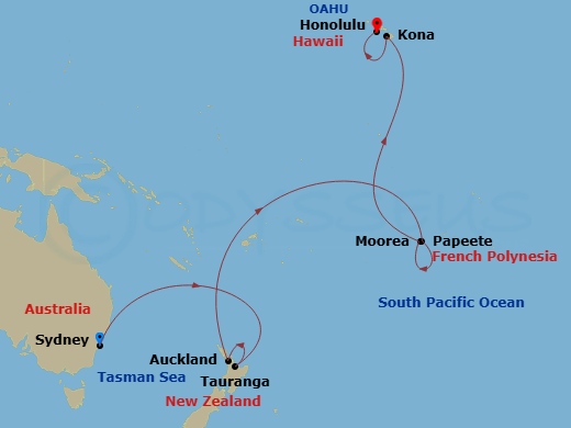 20 Night - Tahiti, Hawaii & South Pacific Crossing - Royal Princess - Starting in Sydney AU, Tauranga, New Zealand, Auckland, New Zealand, Cross International Date Line, Tahiti (Papeete), French Polynesia, Moorea, French Polynesia, Kona, Hawaii, Honolulu, Hawaii itinerary map