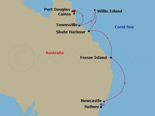 10 Night - Sydney to Cairns - Silver Moon - Starting in Sydney AU, Newcastle AU, KGari (Fraser Island), Shute Harbor (Whitsunday Islands), Willis Island, Townsville, Port Douglas, Cairns itinerary map