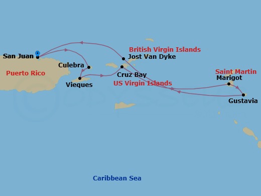 7 Night - Cruise Roundtrip from San Juan - SeaDream II - Starting in San Juan, Culebra, Esperanza, Vieques Island, St John VI (Cruz Bay), US Virgin Islands, Marigot, Gustavia, White Bay, Jost van Dyke, San Juan itinerary map