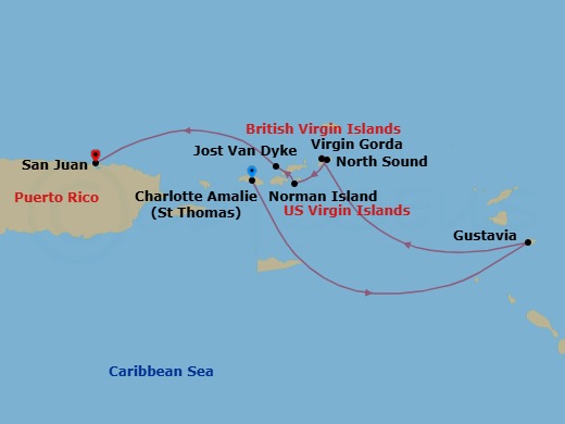 7 Night - Cruise from St Thomas (Charlotte Amalie) to San Juan - SeaDream II - Starting in Charlotte Amalie, St Thomas, Gustavia, Spanish Town, Virgin Gorda, North Sound, Virgin Gorda, Norman Island, White Bay, Jost van Dyke, San Juan itinerary map