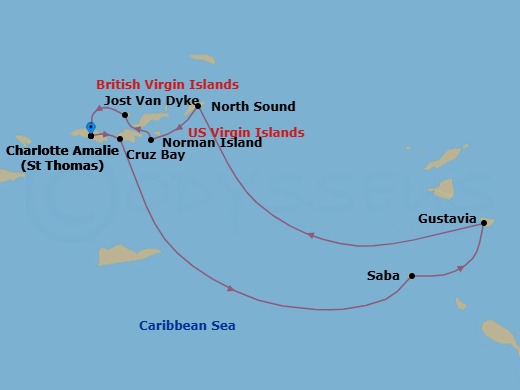 7 Night - Cruise Roundtrip from St Thomas (Charlotte Amalie) - SeaDream II - Starting in Charlotte Amalie, St Thomas, St John VI (Cruz Bay), US Virgin Islands, Saba, Gustavia, North Sound, Virgin Gorda, Norman Island, White Bay, Jost van Dyke, Charlotte Amalie, St Thomas itinerary map