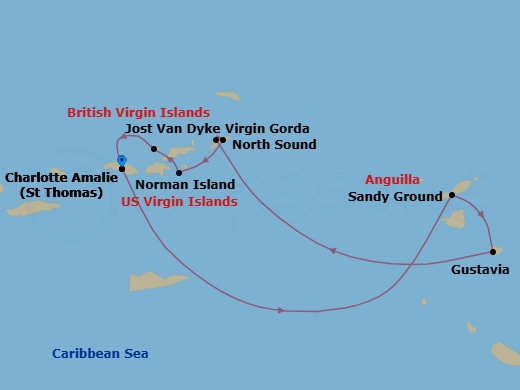 7 Night - Cruise Roundtrip from St Thomas (Charlotte Amalie) - SeaDream II - Starting in Charlotte Amalie, St Thomas, Sandy Ground, Gustavia, Spanish Town, Virgin Gorda, North Sound, Virgin Gorda, Norman Island, White Bay, Jost van Dyke, Charlotte Amalie, St Thomas itinerary map