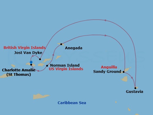 7 Night - Cruise Roundtrip from St Thomas (Charlotte Amalie) - SeaDream II - Starting in Charlotte Amalie, St Thomas, Norman Island, Anegada, Sandy Ground, Gustavia, White Bay, Jost van Dyke, Charlotte Amalie, St Thomas itinerary map
