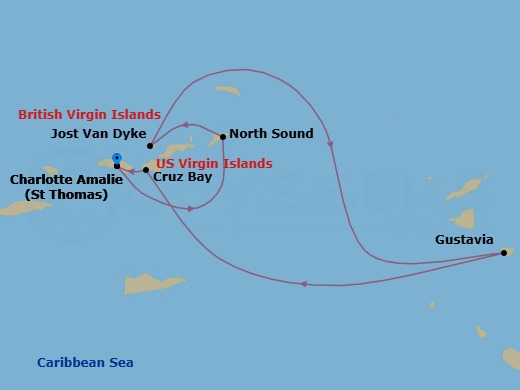 7 Night - Cruise Roundtrip from St Thomas (Charlotte Amalie) - SeaDream II - Starting in Charlotte Amalie, St Thomas, North Sound, Virgin Gorda, White Bay, Jost van Dyke, Gustavia, St John VI (Cruz Bay), US Virgin Islands, Charlotte Amalie, St Thomas itinerary map