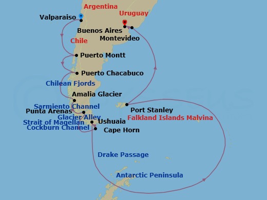 22 Night - South America & Antarctica - Oosterdam - Starting in Valparaiso (Santiago), Chile, Puerto Montt, Chile, Puerto Chacabuco, Chile, Cruising Chilean Fjords, Scenic cruising Amalia or Brujo Glacier, Scenic cruising Sarmiento Channel, Strait of Magellan, Punta Arenas, Chile, Cockburn Channel, Beagle Channel, Daylight cruising Glacier Alley, Ushuaia, Argentina, Cape Horn and Drake Passage, Antarctic, Port Stanley, Falkland Islands, Montevideo, Uruguay, Buenos Aires, Argentina itinerary map