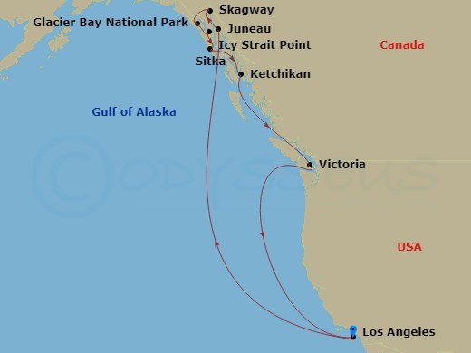 16 Night - Inside Passage (with Glacier Bay National Park) - Emerald Princess - Starting in Los Angeles, California, Juneau, Alaska, Skagway, Alaska, Glacier Bay National Park (Scenic Cruising), Alaska, Icy Strait Point, Alaska, Sitka, Alaska, Ketchikan, Alaska, Victoria CA, Los Angeles, California itinerary map