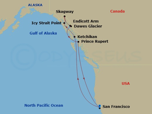 10 Night - Inside Passage (Roundtrip San Francisco) - Ruby Princess - Starting in San Francisco, California, Ketchikan, Alaska, Icy Strait Point, Alaska, Skagway, Alaska, Endicott Arm and Dawes Glacier (Scenic Cruising), Alaska, Prince Rupert, British Columbia, Canada, San Francisco, California itinerary map