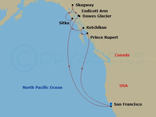 10 Night - Inside Passage (Roundtrip San Francisco) - Ruby Princess - Starting in San Francisco, California, Endicott Arm and Dawes Glacier (Scenic Cruising), Alaska, Skagway, Alaska, Sitka, Alaska, Ketchikan, Alaska, Prince Rupert, British Columbia, Canada, San Francisco, California itinerary map