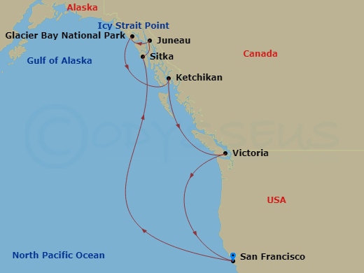 10 Night - Inside Passage (with Glacier Bay National Park) - Ruby Princess - Starting in San Francisco, California, Sitka, Alaska, Juneau, Alaska, Glacier Bay National Park (Scenic Cruising), Alaska, Ketchikan, Alaska, Prince Rupert, British Columbia, Canada, San Francisco, California itinerary map