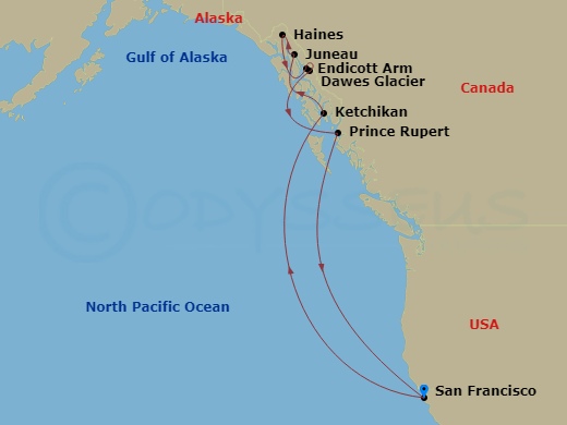 10 Night - Inside Passage (Roundtrip San Francisco) - Ruby Princess - Starting in San Francisco, California, Ketchikan, Alaska, Juneau, Alaska, Haines, Alaska, Endicott Arm and Dawes Glacier (Scenic Cruising), Alaska, Prince Rupert, British Columbia, Canada, San Francisco, California itinerary map