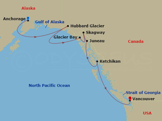 7 Night - Voyage of the Glaciers with Glacier Bay (Southbound) - Island Princess - Starting in Anchorage (Whittier), Alaska, Hubbard Glacier (Scenic Cruising), Alaska, Glacier Bay National Park (Scenic Cruising), Alaska, Skagway, Alaska, Juneau, Alaska, Ketchikan, Alaska, Vancouver, Canada itinerary map