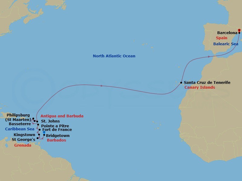 18 Night - Msc Grand Voyages - MSC World Europa - Starting in Bridgetown, Barbados, Saint George, Grenada, Kingstown, St Vincent and the Grenadines, Fort-de-France, Martinique, Pointe-A-Pitre, Guadeloupe, Philipsburg, St Maarten, Basseterre, St Kitts and Nevis, St Johns AG, Antigua, Santa Cruz de Tenerife, Barcelona, Spain itinerary map