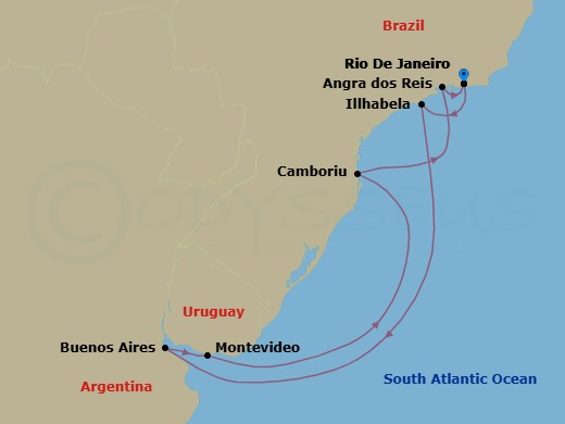 9 Night - South America Roundtrip from Rio De Janeiro - Costa Serena - Starting in Rio de Janeiro, Brazil, Baia De Copacabana, Ilhabela, Brazil, Buenos Aires, Argentina, Montevideo, Uruguay, Camboriu, Brazil, Baia De Camboriu, Angra dos Reis, Rio de Janeiro, Brazil itinerary map