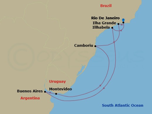 9 Night - South America Roundtrip from Rio De Janeiro - Costa Serena - Starting in Rio de Janeiro, Brazil, Baia De Copacabana, Ilhabela, Brazil, Buenos Aires, Argentina, Montevideo, Uruguay, Camboriu, Brazil, Baia De Camboriu, Abraao (Ilha Grande), Rio de Janeiro, Brazil itinerary map
